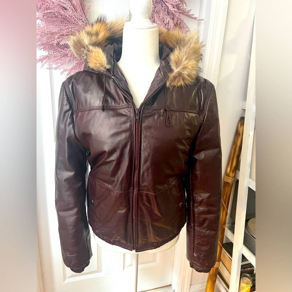 Vintage Leather Bomber with Fur Hood